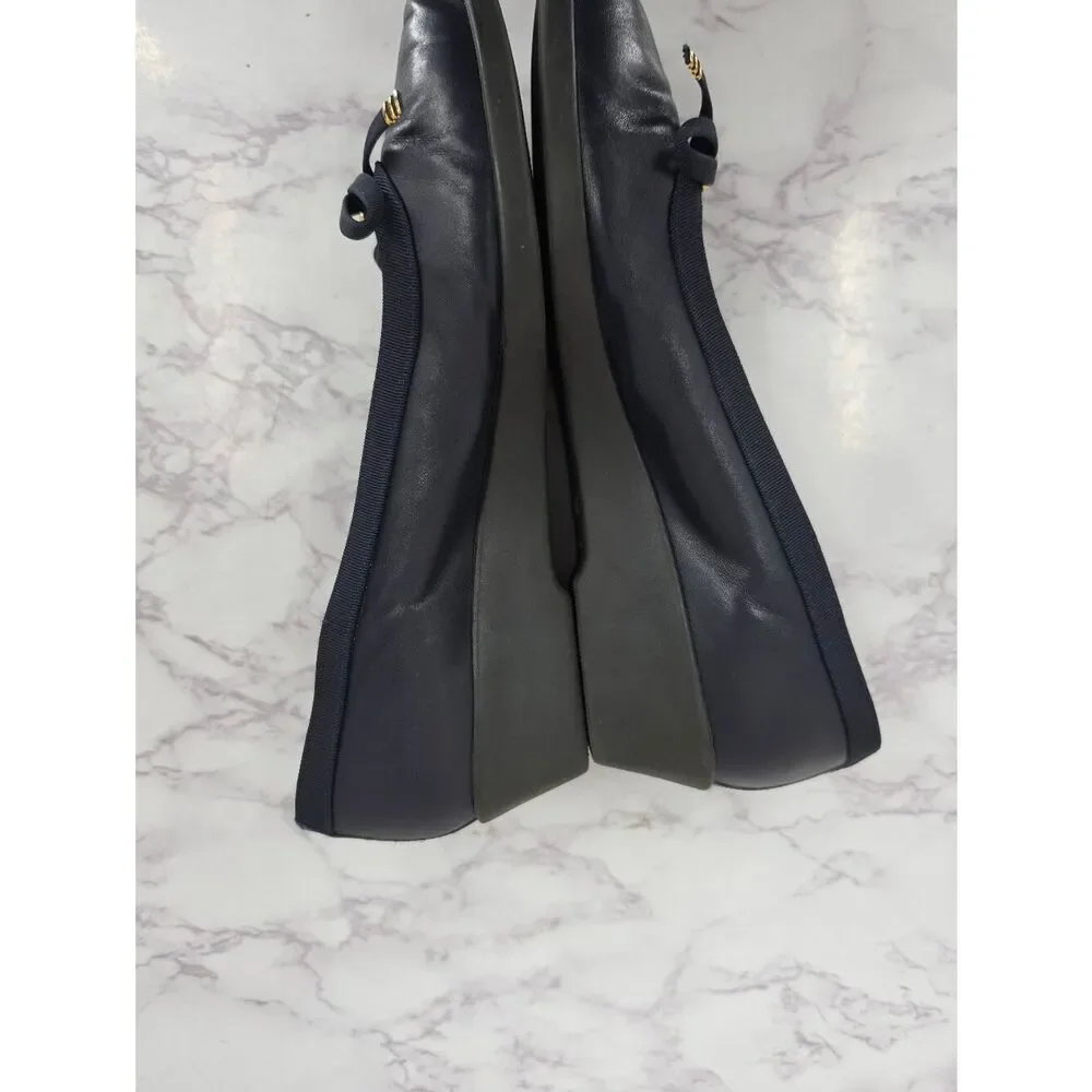 Bally Belle Leather Navy Blue Gold Tone Bow-Accent Women's Low Wedge Ballet Flat - Picture 7 of 14